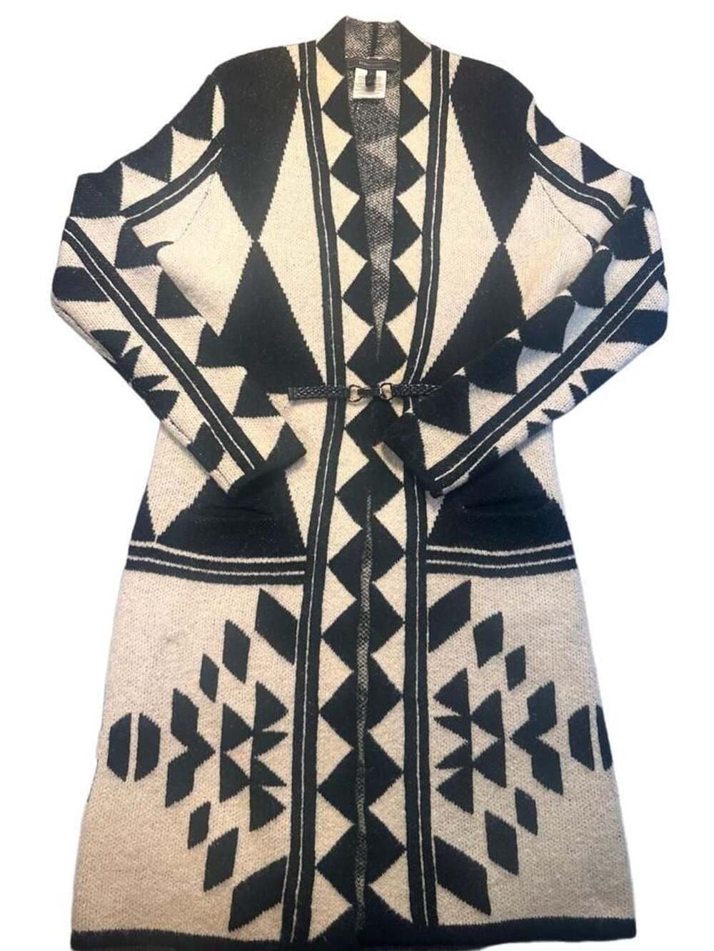 Black and Cream Boho Geometric Aztec Long Cardigan Duster Sweater Belt Sz M